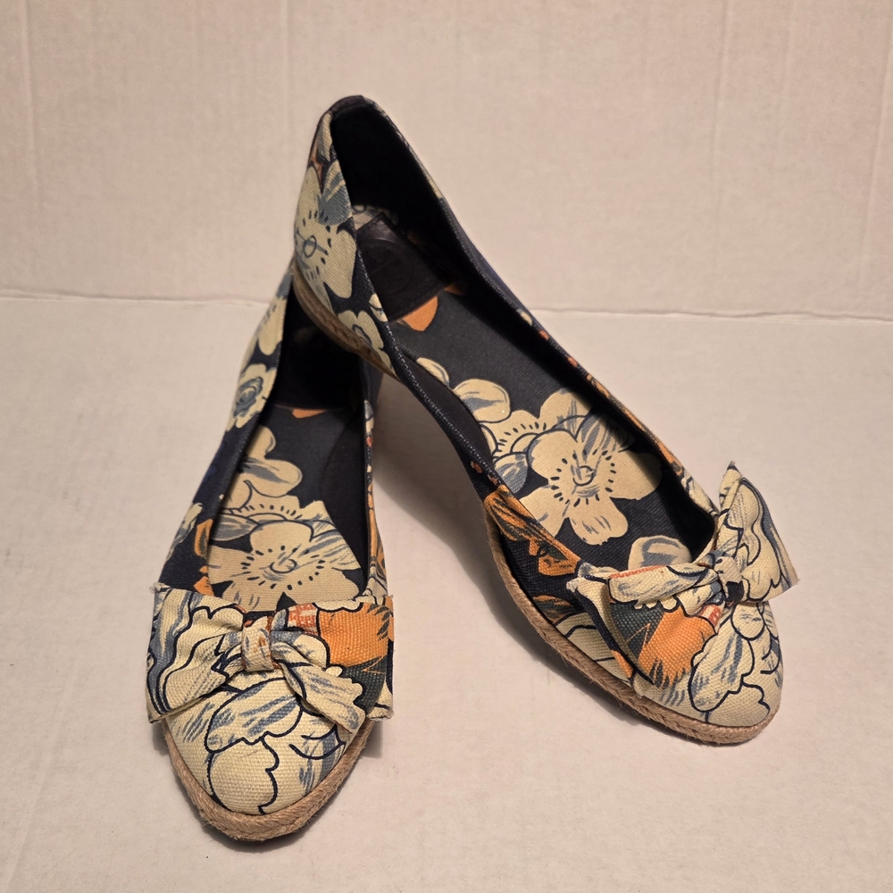 Tory Burch Navy Floral Bow Espadrille Flats with Orange Accents